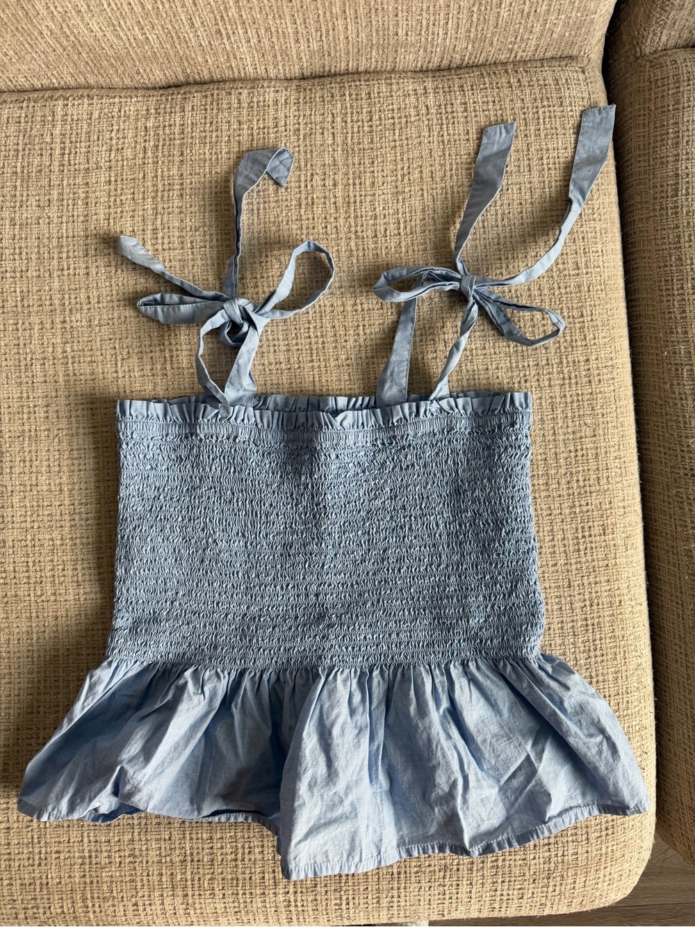 J. Crew Light Blue Smocked Tie-Shoulder Top